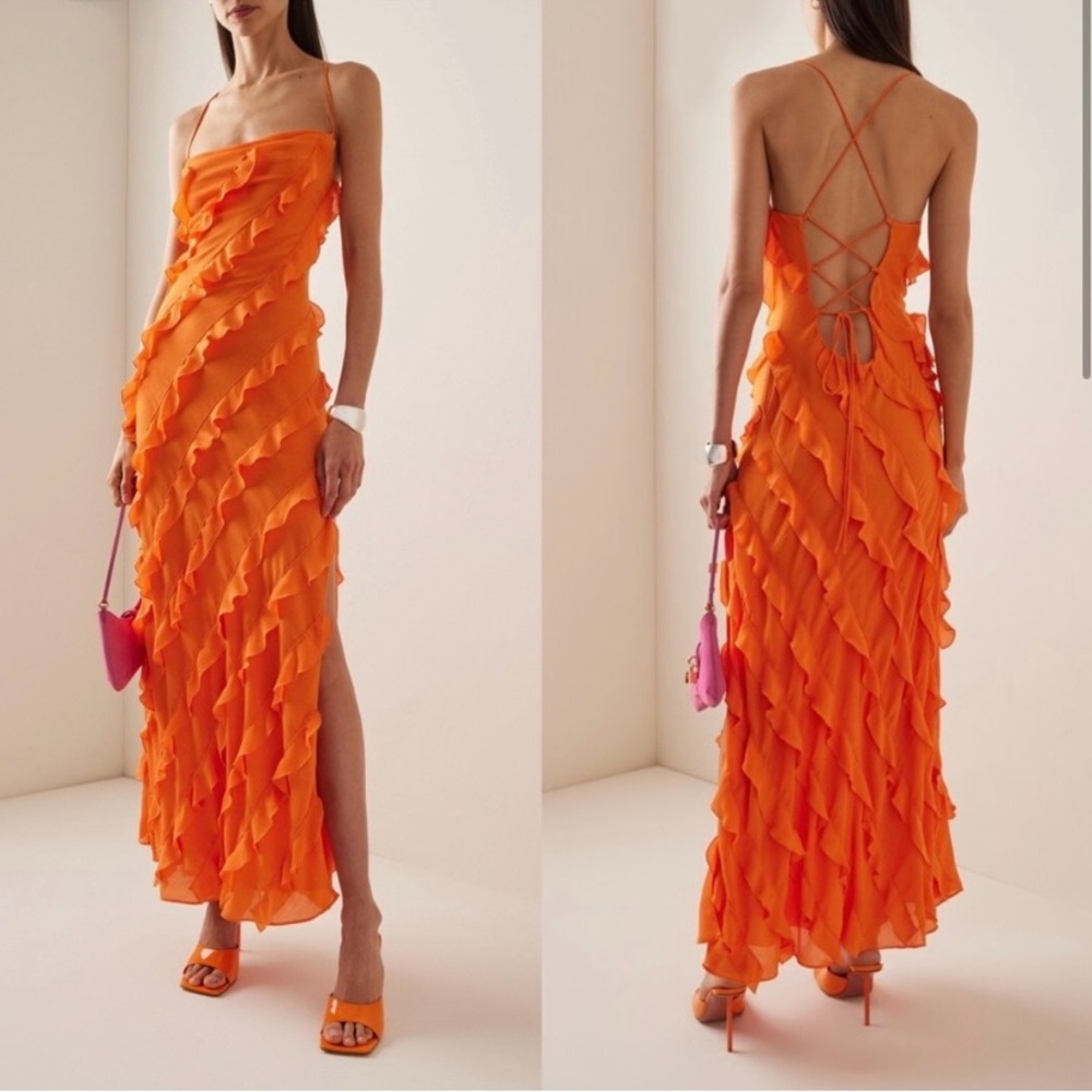 STAUD Elvire Open-Back Ruffled Crepe Maxi Dress Nectarine Orange